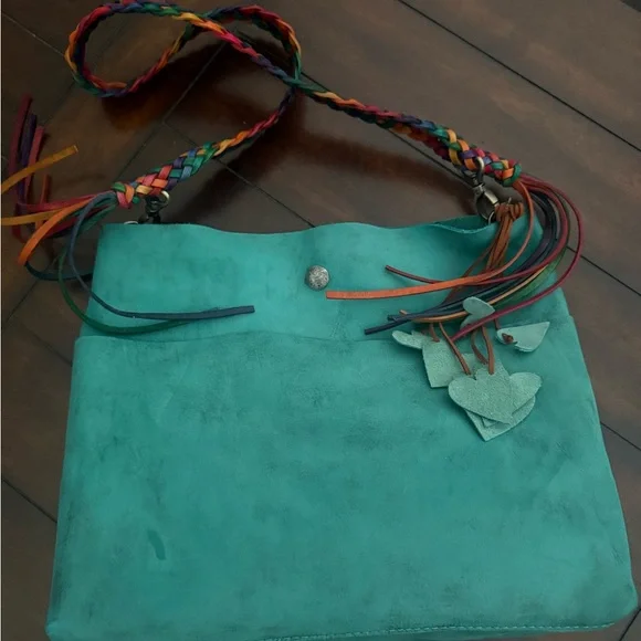 Vibrant Teal Bag from 852leathershop with Multicolor Braided Strap and hearts - Picture 2 of 4